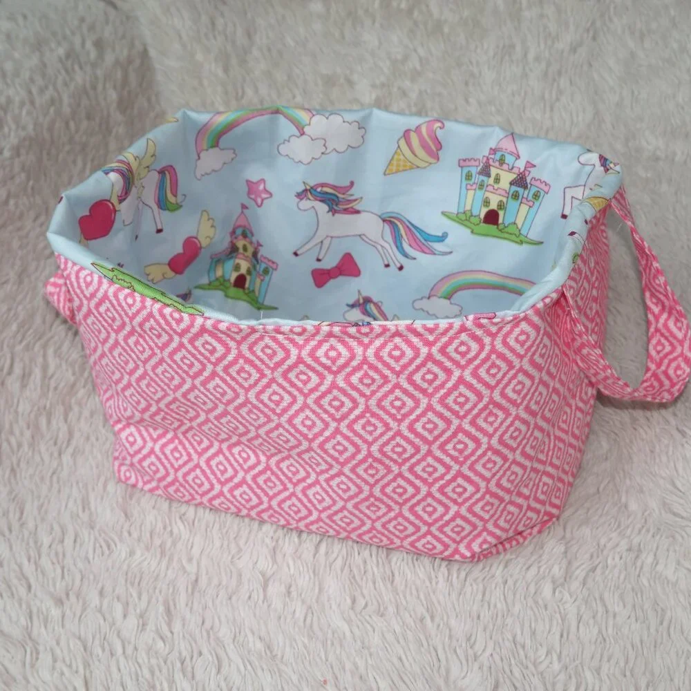 Girls Handmade Pink Rainbow Unicorn Storage Bin Basket Bag with Handles